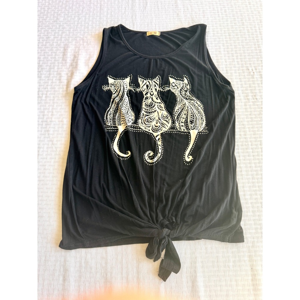 Black Boho Cat Graphic Tie Front Boutique Tank Top Studded Sleeveless Shirt S/M